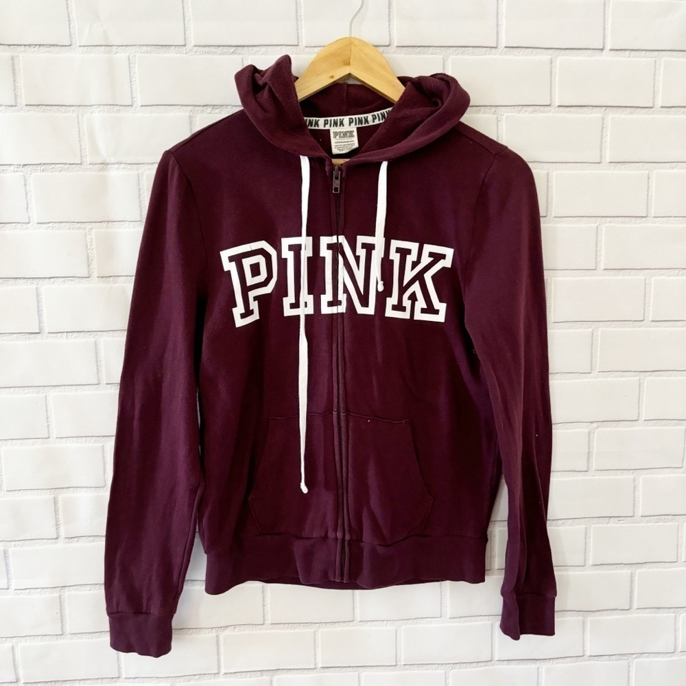 Pink Victoria's Secret Full Zip Hoodie Maroon Burgundy Logo XS